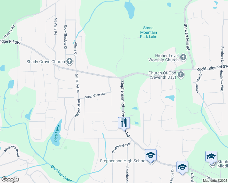 map of restaurants, bars, coffee shops, grocery stores, and more near 512 Edgefield Drive in Stone Mountain