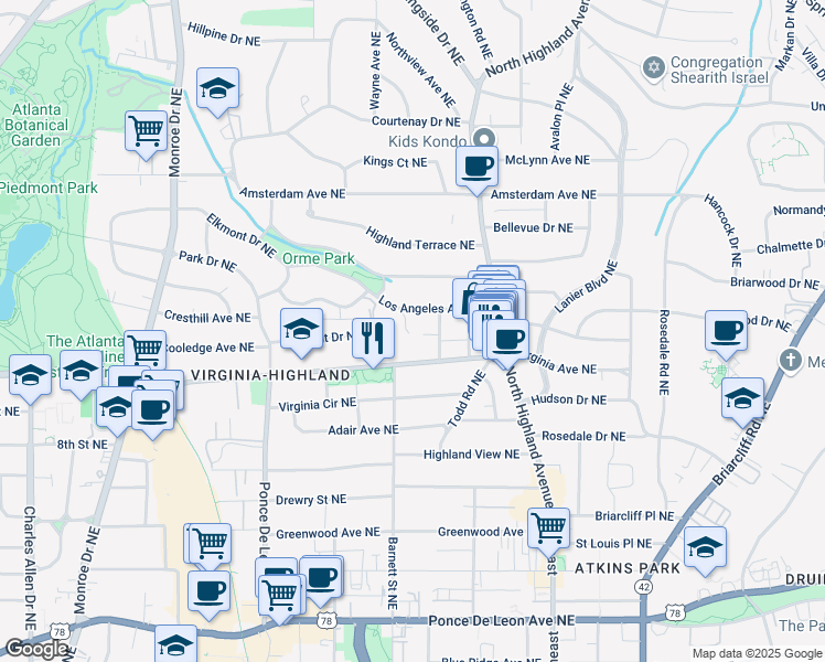 map of restaurants, bars, coffee shops, grocery stores, and more near 1043 Elizabeth Ct NE in Atlanta