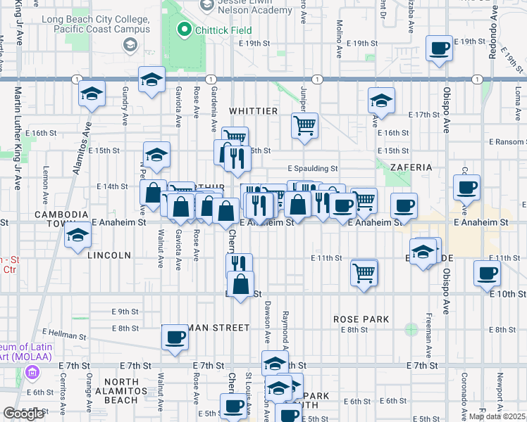 map of restaurants, bars, coffee shops, grocery stores, and more near 1323 Dawson Avenue in Long Beach