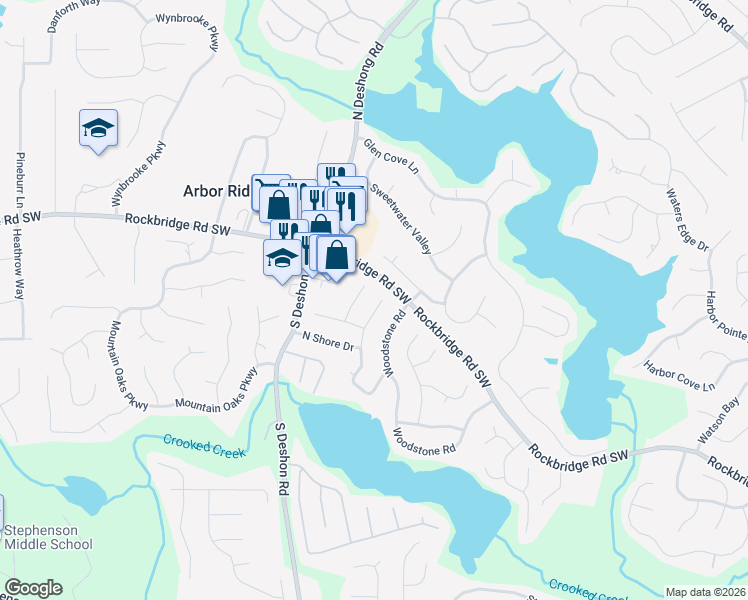 map of restaurants, bars, coffee shops, grocery stores, and more near 511 N Shore Rd in Lithonia