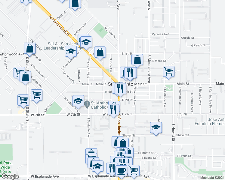 map of restaurants, bars, coffee shops, grocery stores, and more near 175 West 5th Street in San Jacinto