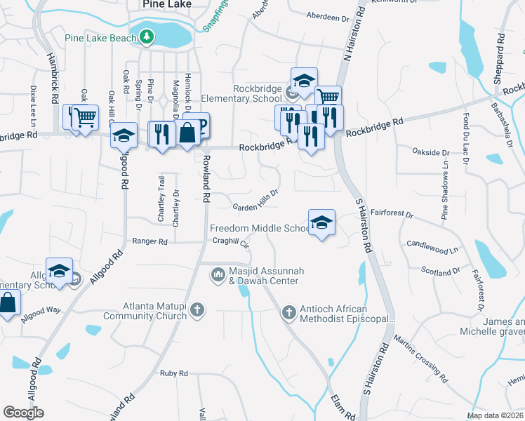 map of restaurants, bars, coffee shops, grocery stores, and more near 4637 High Collier Walk in Stone Mountain