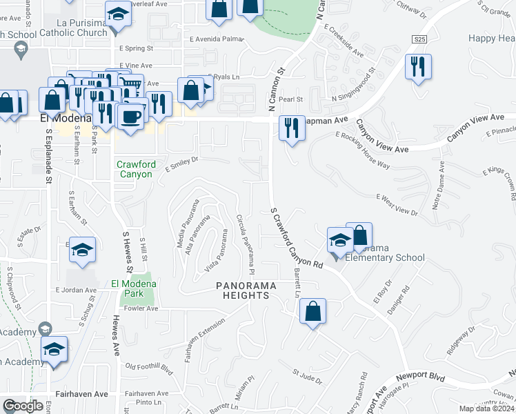 map of restaurants, bars, coffee shops, grocery stores, and more near 19261 Brae Glen in Santa Ana