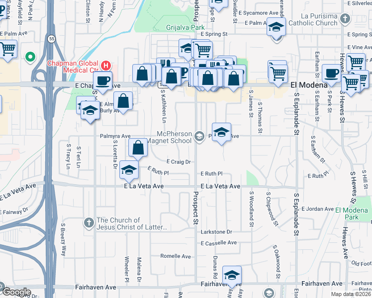 map of restaurants, bars, coffee shops, grocery stores, and more near 362 South Merelet Lane in Orange
