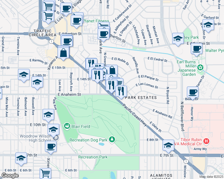 map of restaurants, bars, coffee shops, grocery stores, and more near 5199 California 1 in Long Beach