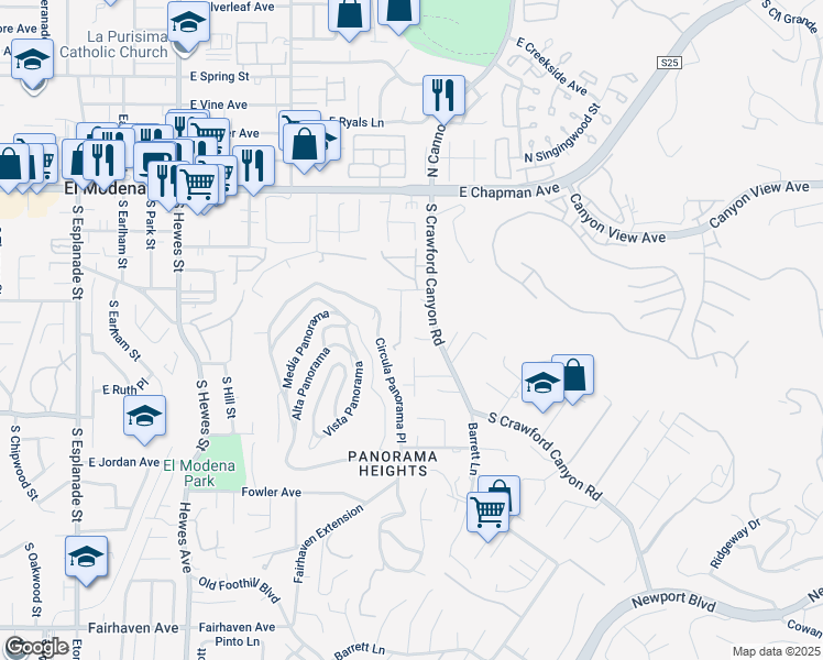 map of restaurants, bars, coffee shops, grocery stores, and more near 19261 Brae Glen in Santa Ana