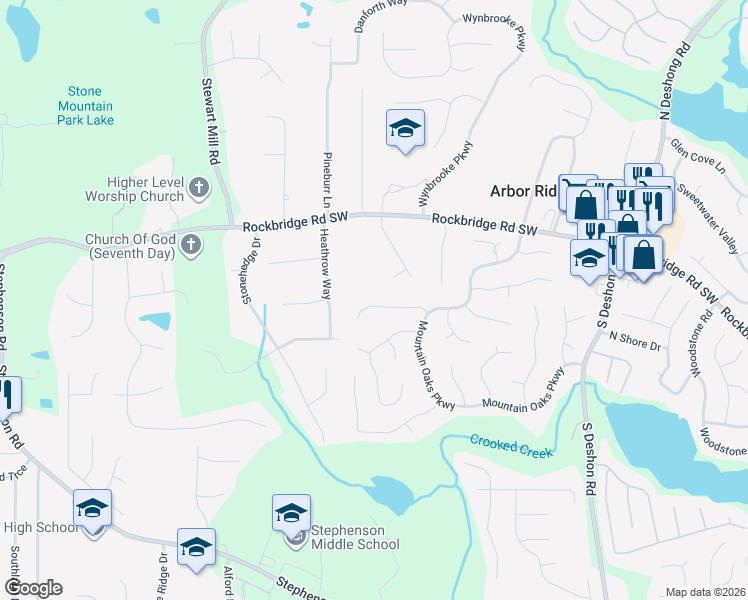map of restaurants, bars, coffee shops, grocery stores, and more near 6752 Winterberry Ridge Dr in Stone Mountain