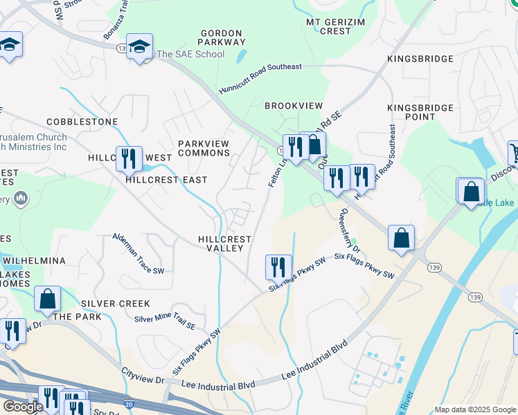 map of restaurants, bars, coffee shops, grocery stores, and more near 6992 Felton Lane in Mableton