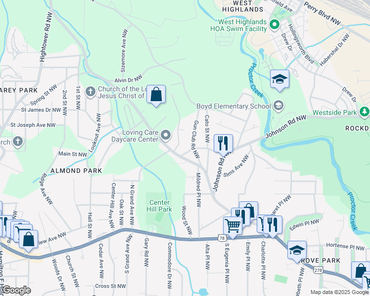 map of restaurants, bars, coffee shops, grocery stores, and more near 4 Hollywood Drive Northwest in Atlanta