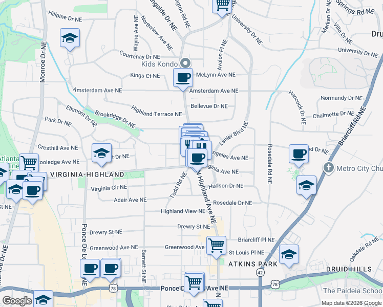 map of restaurants, bars, coffee shops, grocery stores, and more near 1046 North Highland Avenue Northeast in Atlanta