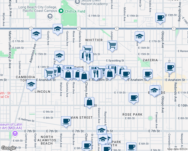 map of restaurants, bars, coffee shops, grocery stores, and more near 1320 Saint Louis Avenue in Long Beach