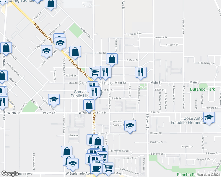 map of restaurants, bars, coffee shops, grocery stores, and more near 475 South Jordan Avenue in San Jacinto