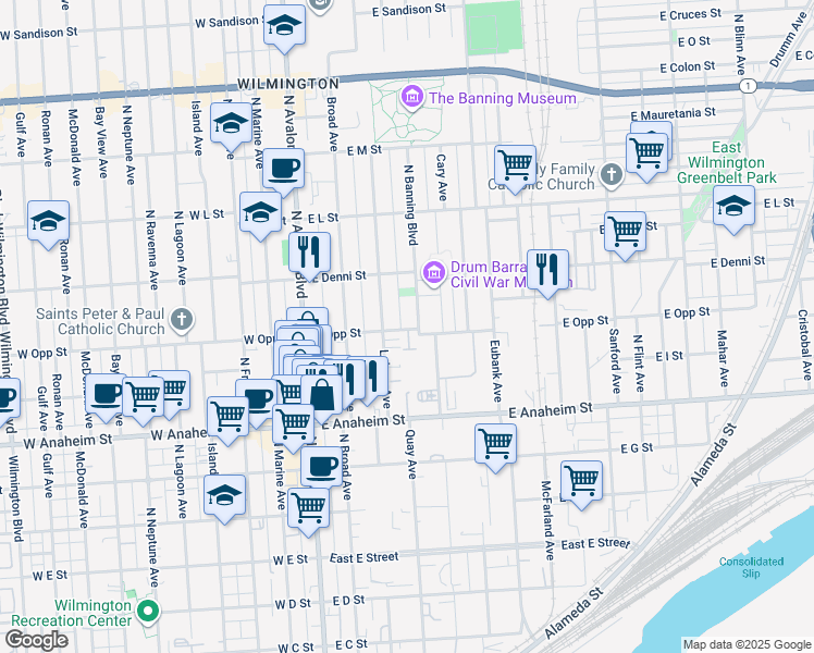 map of restaurants, bars, coffee shops, grocery stores, and more near 351 East Opp Street in Los Angeles