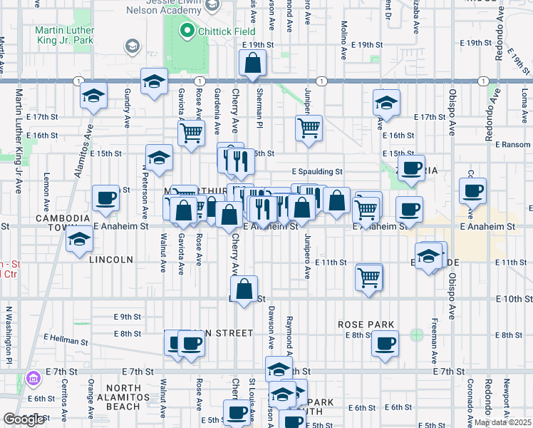 map of restaurants, bars, coffee shops, grocery stores, and more near 1323 Dawson Avenue in Long Beach