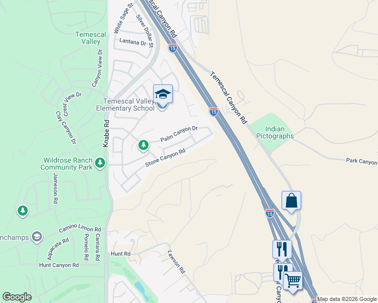 map of restaurants, bars, coffee shops, grocery stores, and more near 9399 Stone Canyon Road in Corona