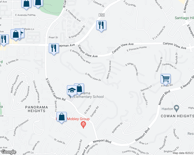 map of restaurants, bars, coffee shops, grocery stores, and more near 6142 East West View Drive in Orange