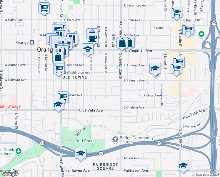 map of restaurants, bars, coffee shops, grocery stores, and more near in Orange
