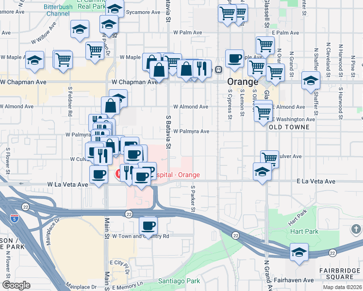 map of restaurants, bars, coffee shops, grocery stores, and more near 360 South Clark Street in Orange