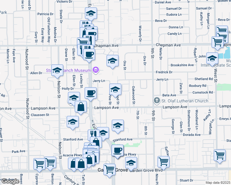 map of restaurants, bars, coffee shops, grocery stores, and more near 12381 Elmwood Street in Garden Grove