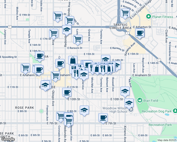 map of restaurants, bars, coffee shops, grocery stores, and more near 3825 East Anaheim Street in Long Beach