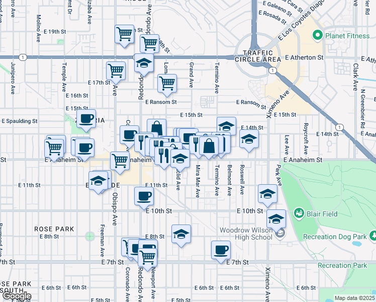 map of restaurants, bars, coffee shops, grocery stores, and more near 3731 East Anaheim Street in Long Beach