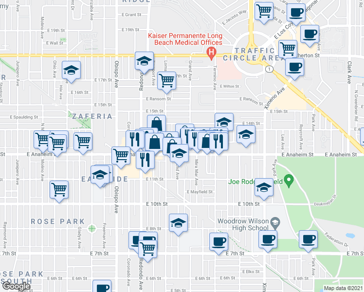 map of restaurants, bars, coffee shops, grocery stores, and more near 3731 East Anaheim Street in Long Beach