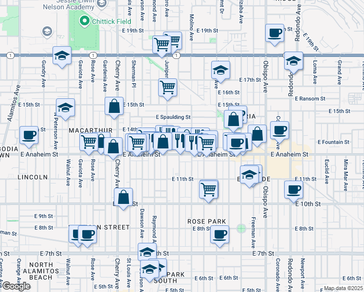 map of restaurants, bars, coffee shops, grocery stores, and more near 2435 East Anaheim Street in Long Beach
