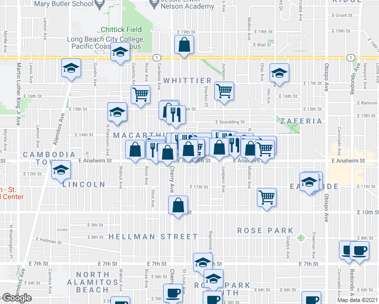 map of restaurants, bars, coffee shops, grocery stores, and more near 2153 East Anaheim Street in Long Beach