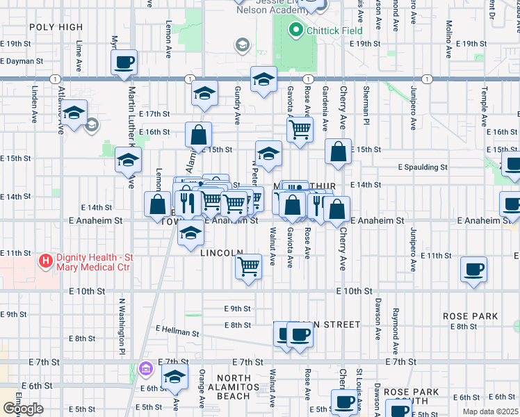 map of restaurants, bars, coffee shops, grocery stores, and more near 1501 East Anaheim Street in Long Beach