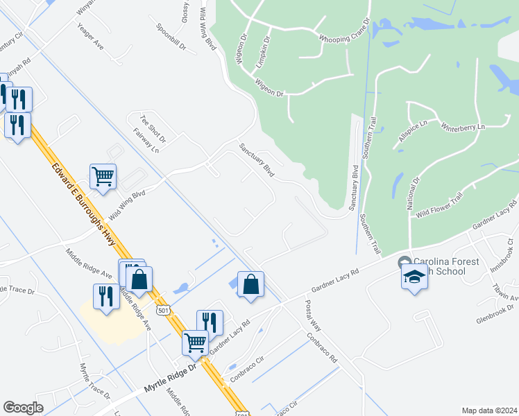 map of restaurants, bars, coffee shops, grocery stores, and more near 332 Wild Wing Boulevard in Conway