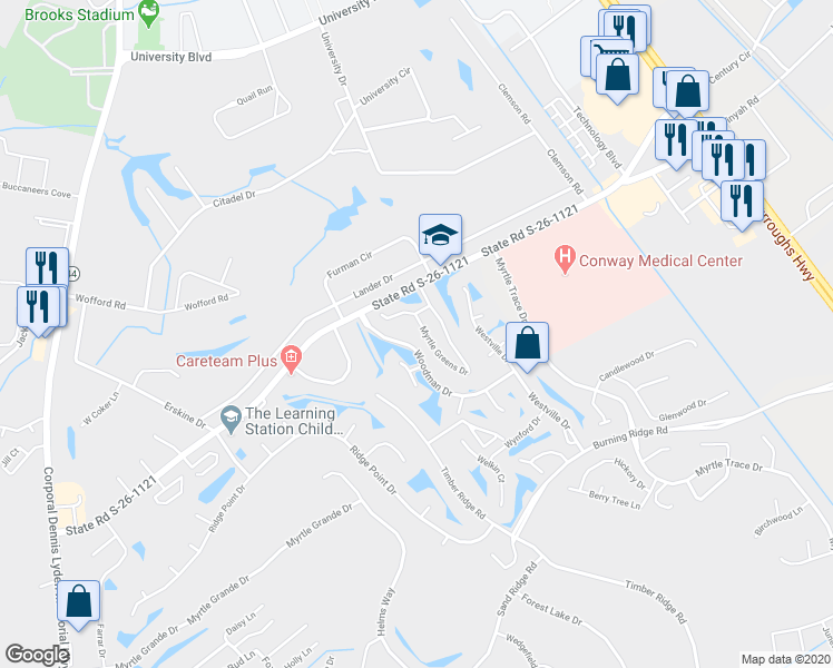 map of restaurants, bars, coffee shops, grocery stores, and more near 380K Myrtle Greens Drive in Conway