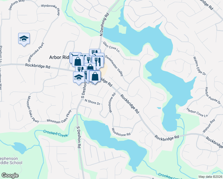 map of restaurants, bars, coffee shops, grocery stores, and more near 503 North Shore Road in Lithonia