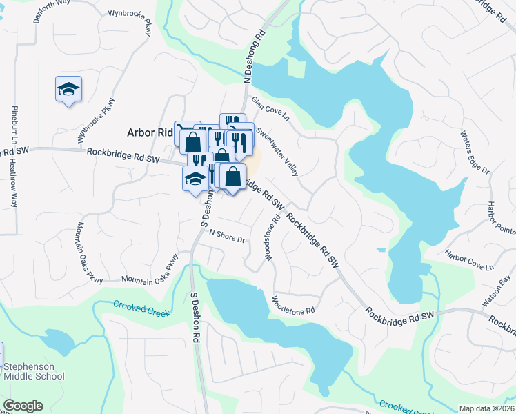 map of restaurants, bars, coffee shops, grocery stores, and more near 511 North Shore Road in Lithonia