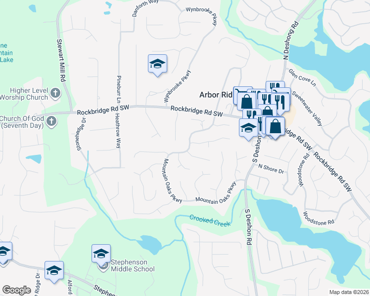 map of restaurants, bars, coffee shops, grocery stores, and more near 543 Mountain Oaks Parkway in Stone Mountain