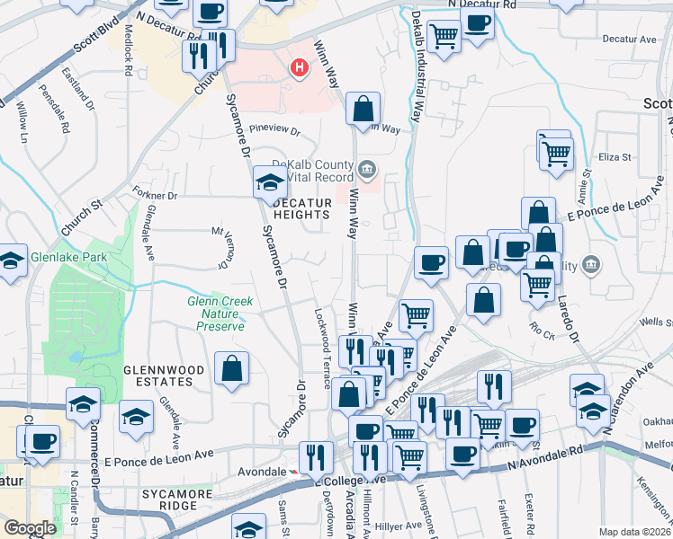 map of restaurants, bars, coffee shops, grocery stores, and more near 5 Grovemont Court in Decatur
