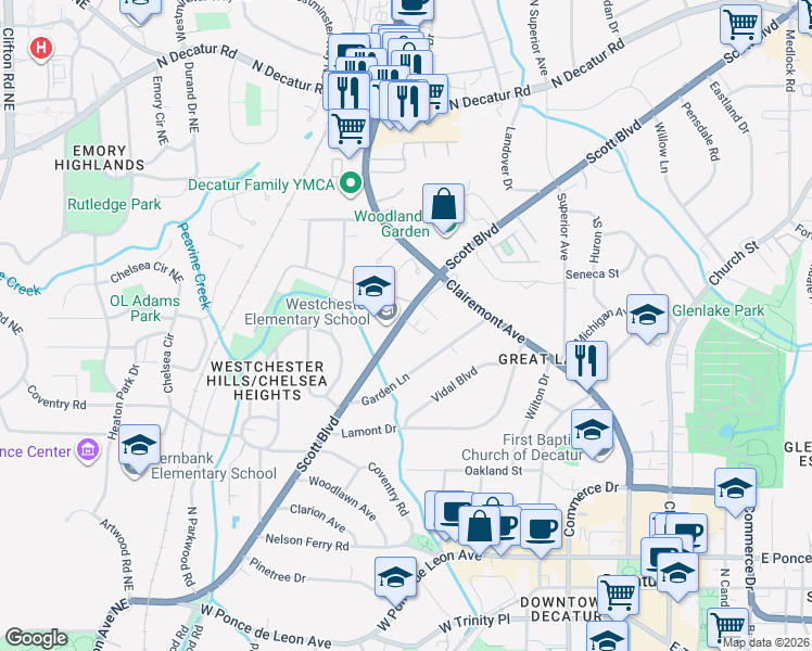 map of restaurants, bars, coffee shops, grocery stores, and more near 765 Scott Boulevard in Decatur