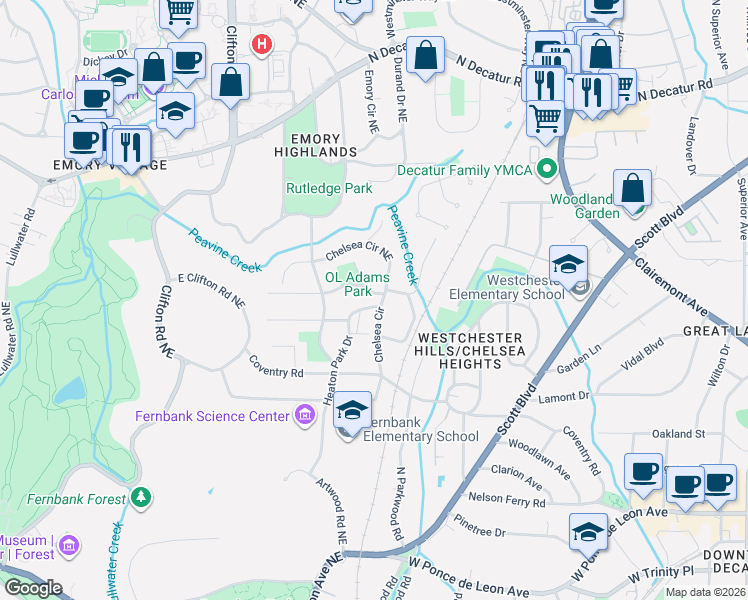 map of restaurants, bars, coffee shops, grocery stores, and more near 304 Heaton Park Drive in Decatur
