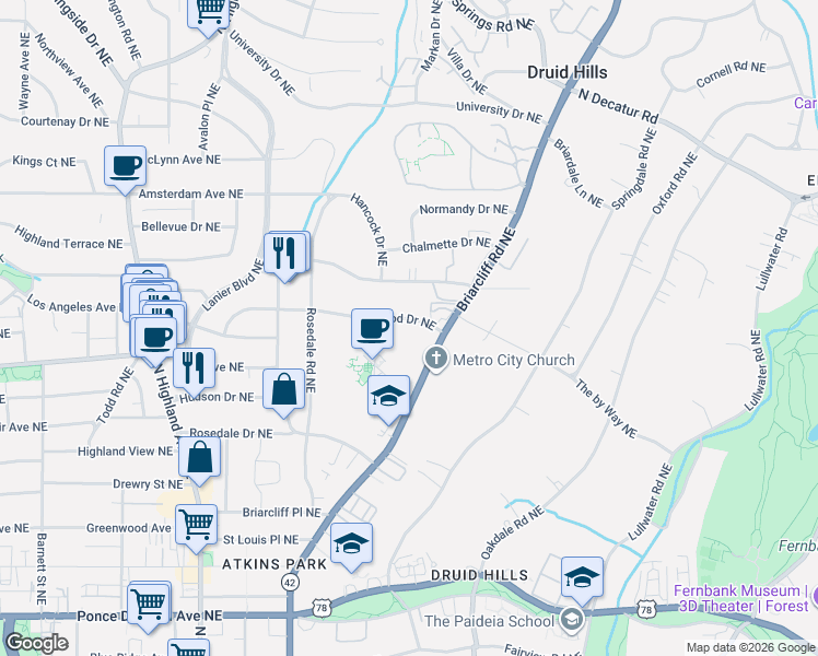 map of restaurants, bars, coffee shops, grocery stores, and more near 1297 Stillwood Drive Northeast in Atlanta