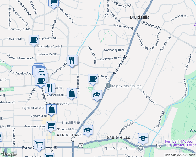 map of restaurants, bars, coffee shops, grocery stores, and more near 1291 Stillwood Dr NE in Atlanta