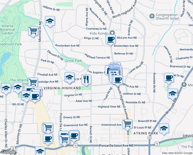 map of restaurants, bars, coffee shops, grocery stores, and more near 1043 Elizabeth Court Northeast in Atlanta