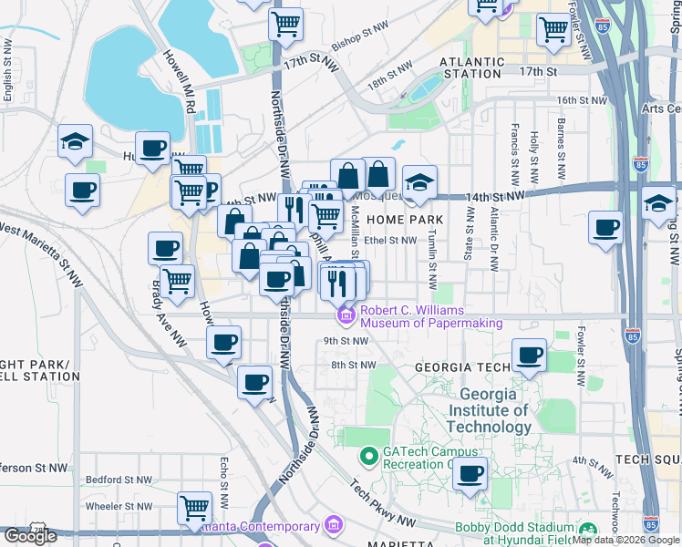 map of restaurants, bars, coffee shops, grocery stores, and more near 1033 Hemphill Avenue Northwest in Atlanta