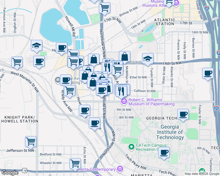 map of restaurants, bars, coffee shops, grocery stores, and more near 1035 Hampton Street Northwest in Atlanta