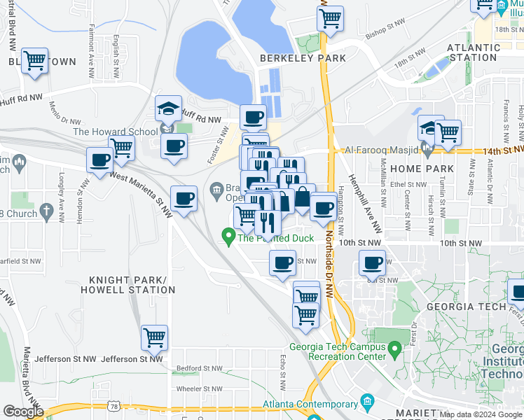 map of restaurants, bars, coffee shops, grocery stores, and more near 724 11th Street Northwest in Atlanta