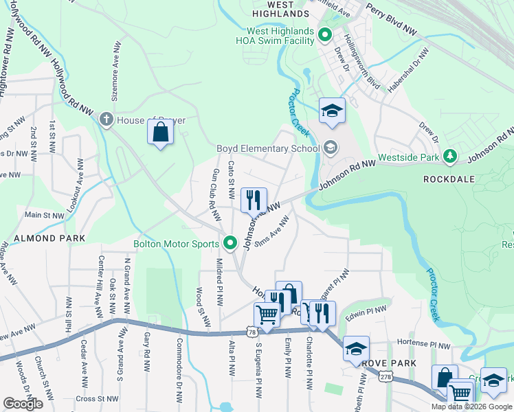 map of restaurants, bars, coffee shops, grocery stores, and more near 4 Johnson Road Northwest in Atlanta