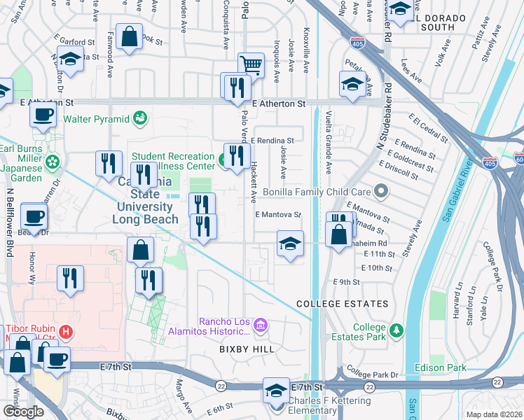 map of restaurants, bars, coffee shops, grocery stores, and more near 6441 East Mantova Street in Long Beach