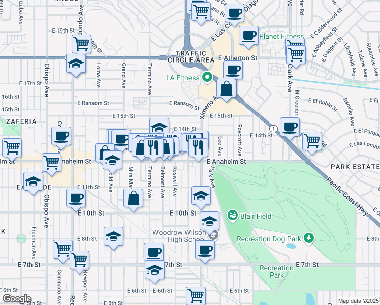 map of restaurants, bars, coffee shops, grocery stores, and more near 1320 Bennett Avenue in Long Beach
