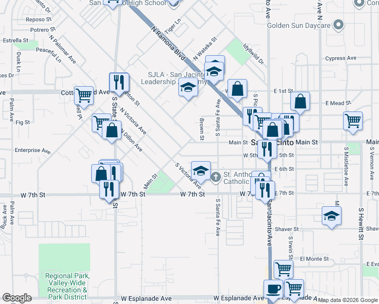 map of restaurants, bars, coffee shops, grocery stores, and more near 459 West 5th Street in San Jacinto