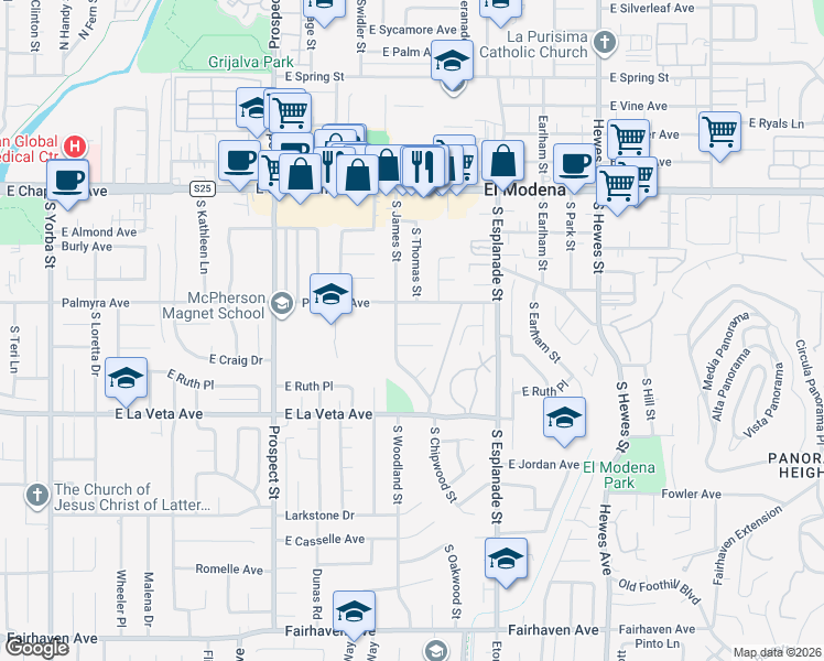 map of restaurants, bars, coffee shops, grocery stores, and more near 3747 East Dorothy Drive in Orange