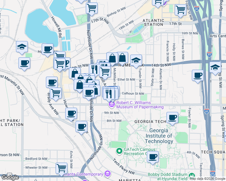 map of restaurants, bars, coffee shops, grocery stores, and more near 1033 Hemphill Avenue Northwest in Atlanta