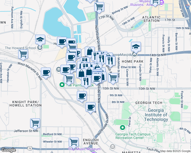 map of restaurants, bars, coffee shops, grocery stores, and more near 643 11th Street Northwest in Atlanta